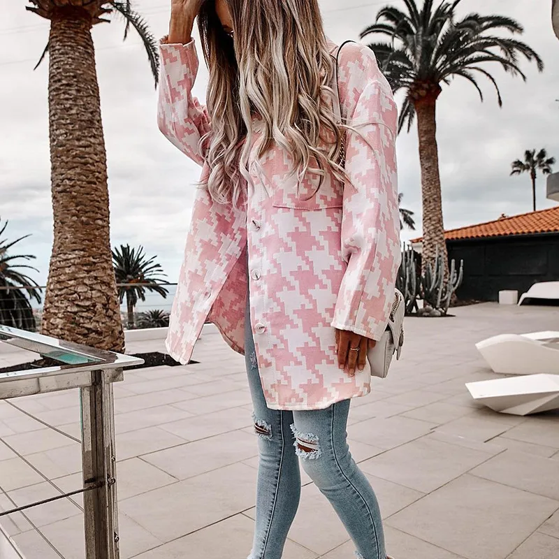 Fashion Loose Long-sleeved Houndstooth Woolen Coat - Pink