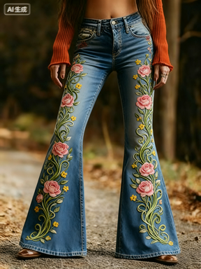 Fashion Retro Printed Flared Pants, Women's Jeans