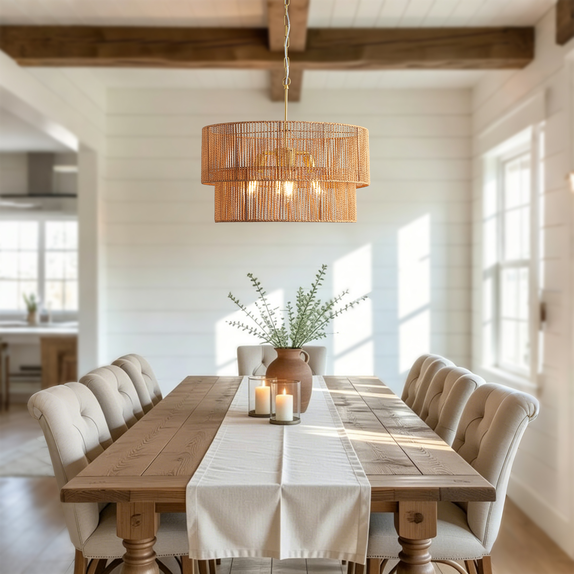 23.62in  Handwoven Woven Paper Rattan Chandelier, 2-Tier Boho Wabi-Sabi Pendant Light, Gold Metal Hanging Ceiling Lamp, Wicker Lighting Fixture For Dining Room Kitchen Island Living Room — foto 4