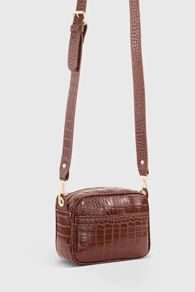 Brown Croc Embossed Crossbody Bag For Women