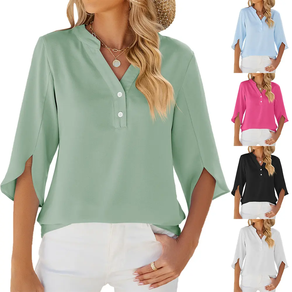 Button V-neck Mid-sleeve Chiffon Shirt Solid Color Top Womens
