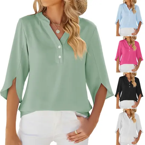 Button V-neck Mid-sleeve Chiffon Shirt Solid Color Top Womens