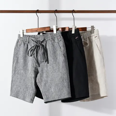 Straight Shorts Men's Comfortable Linen Mid-waist Solid Color Overalls