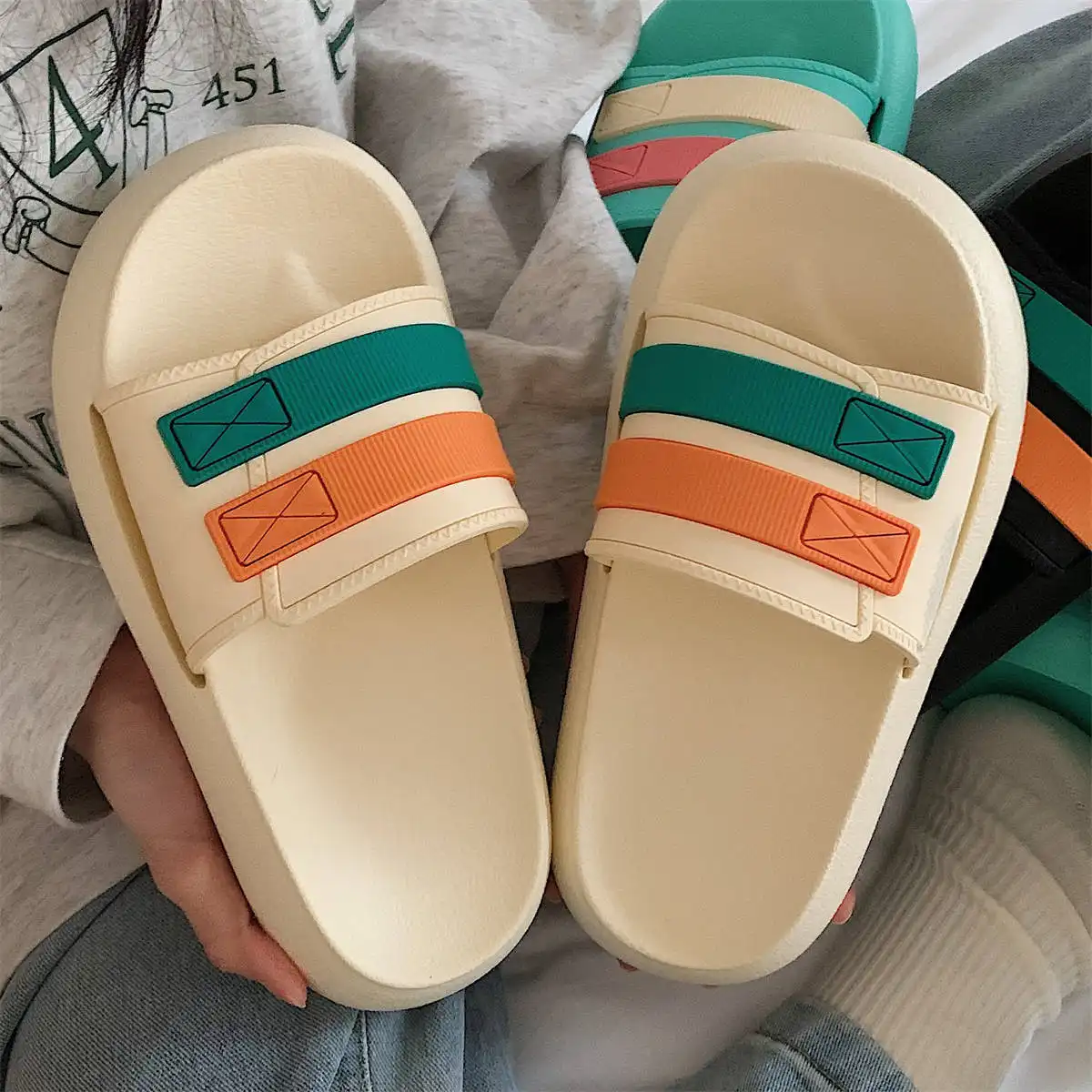 Fashion Outer Wear Thick-soled Striped Beach Shoes Women