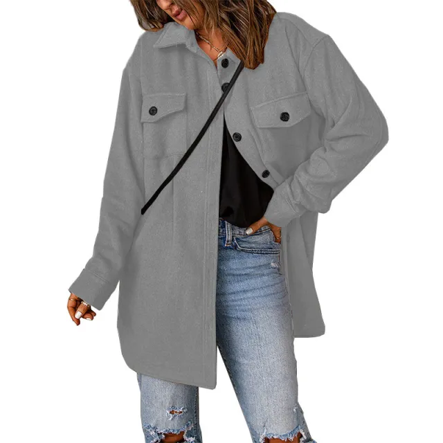 Women's Corduroy Solid Color Single Breasted Casual Lapel Woolen Jacket Grey - Shop at LoveMi