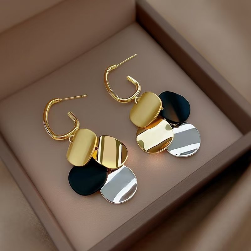 S925 Sterling Silver Needle Retro Hong Kong Style Color Contrast Round Sheet Tassel Earrings, INS Elegant Long Dangle Stud Ear Jewelry For Women