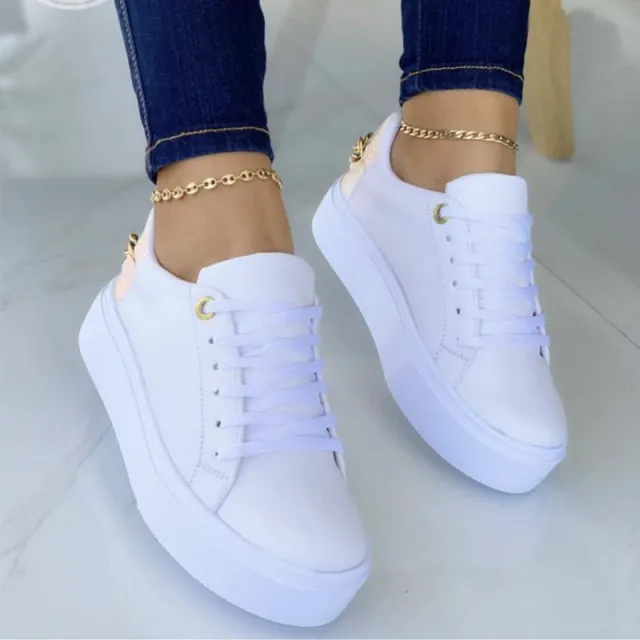 Flat Shoes With Chain Lace Up Sneakers Women Casual Sports Shoes White - Shop at LoveMi