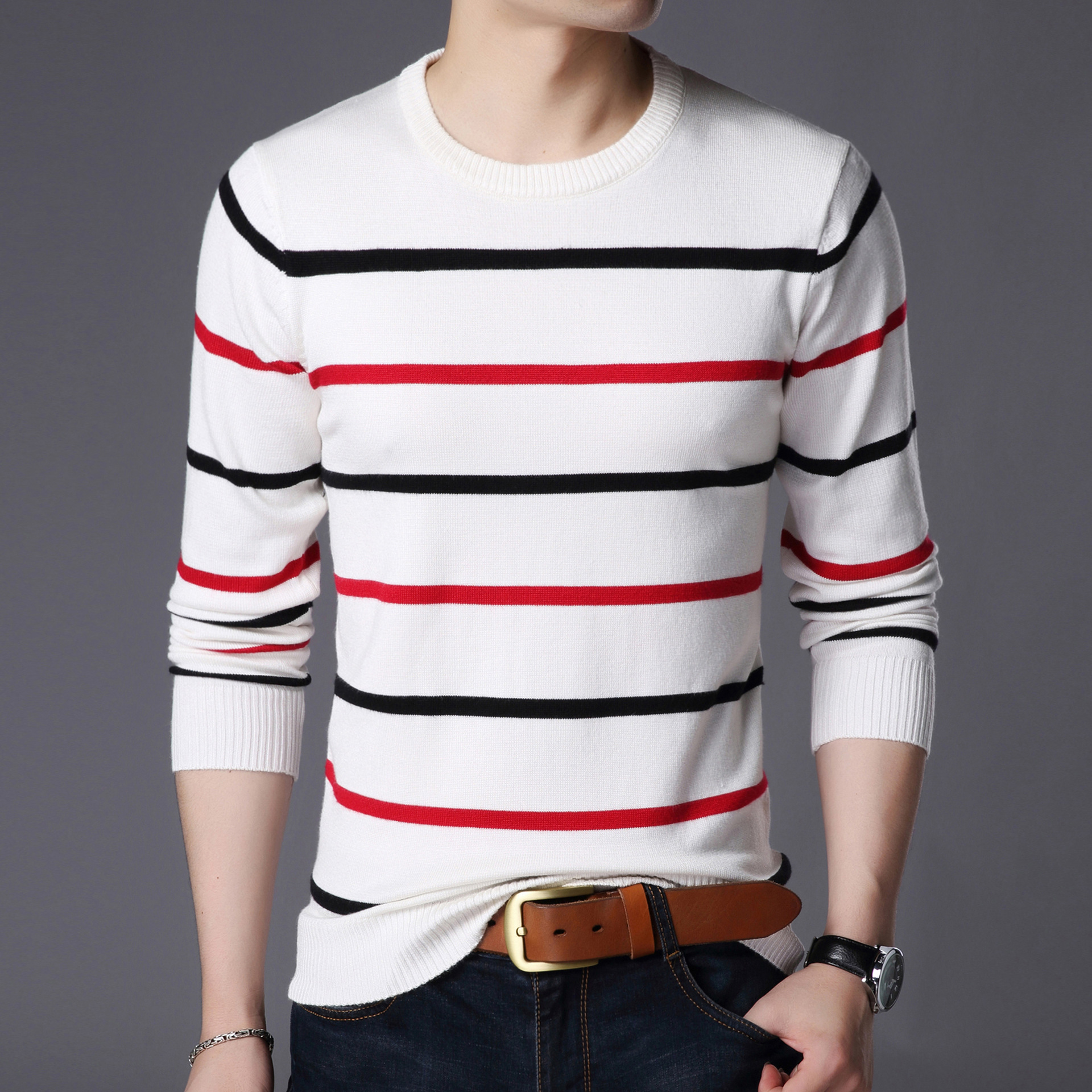 Knit Sweater Cotton Men's Sweater Round Neck Striped Bottoming Shirt