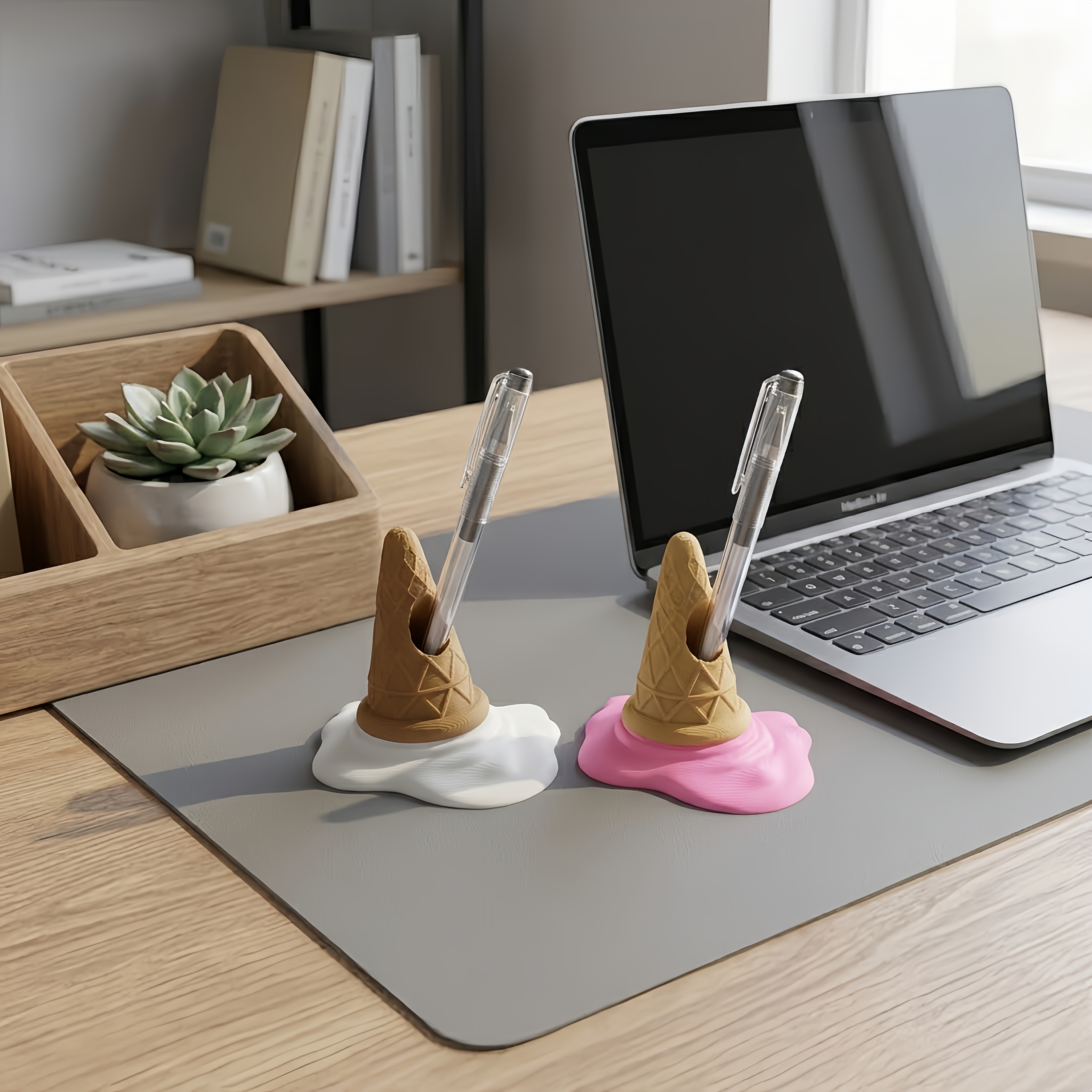 Melting Ice Cream Cone Pen Holder, Creative 3D Printed Desktop Pencil Organizer, Cute Office Desk Decor