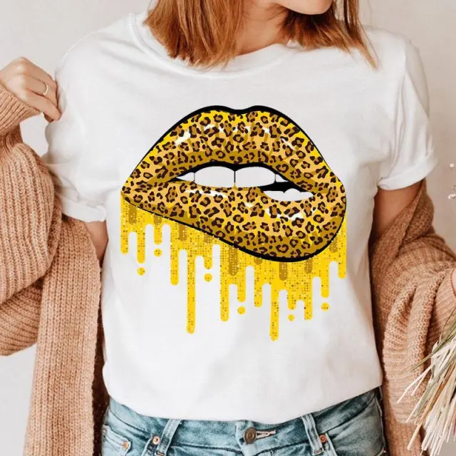 Fashion Printing Creative Color Lip Print Short Sleeve 9White - Shop at LoveMi