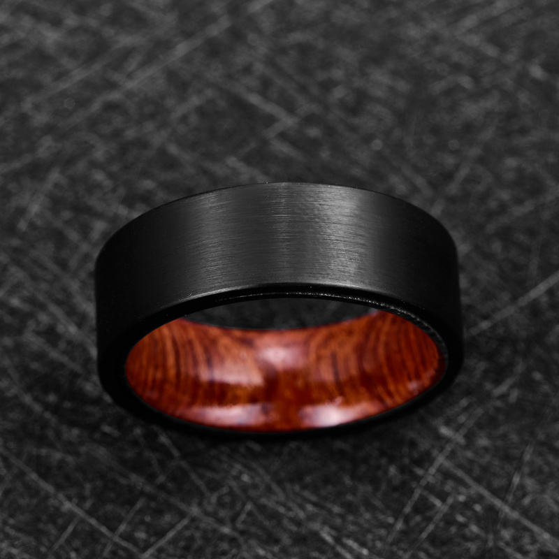 8mm Black Brushed Surface Wooden Inner Ring Men's Tungsten Steel