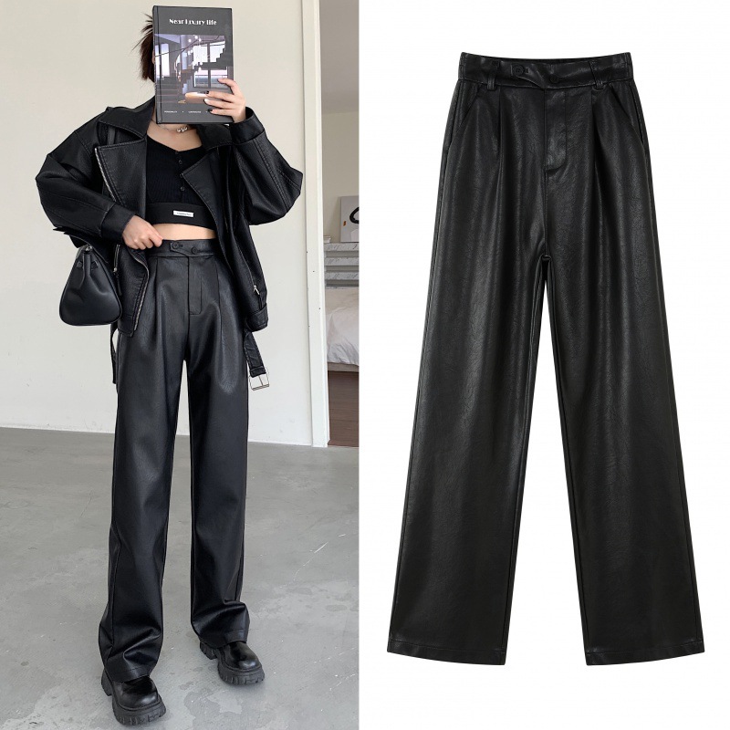 PU Washed Leather Pants Casual Straight Small