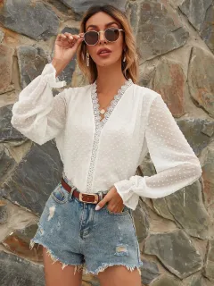 Paneled Lace VNeck Long Sleeve Dot Chiffon Shirt Top - White - View 1