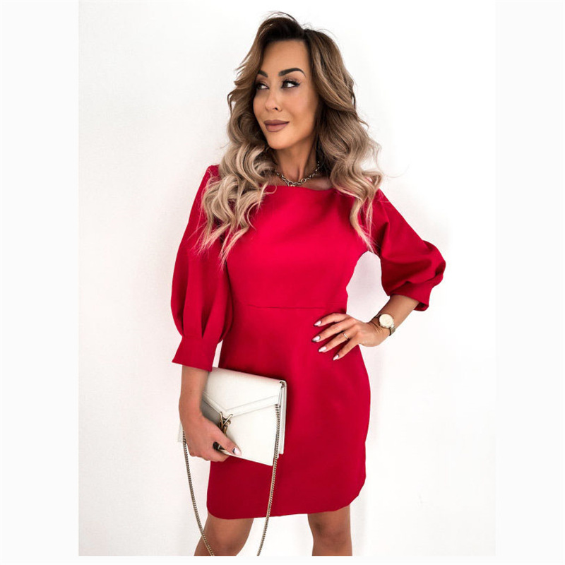 European And American Women's Solid Color Long Sleeve Short Dress
