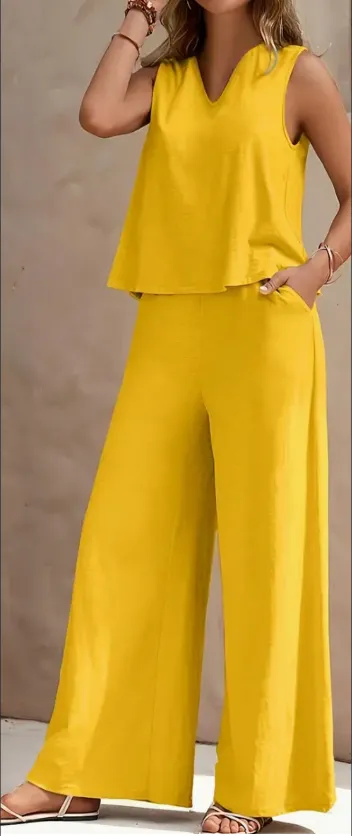 Vibrant Solid Color Casual Pants Set V Neck Sleeveless Tank Top, Wide Leg Pants With Pocket, Polyester Fabric, Machine Washable Perfect For Sum... Ginger Colored - Shop at LoveMi