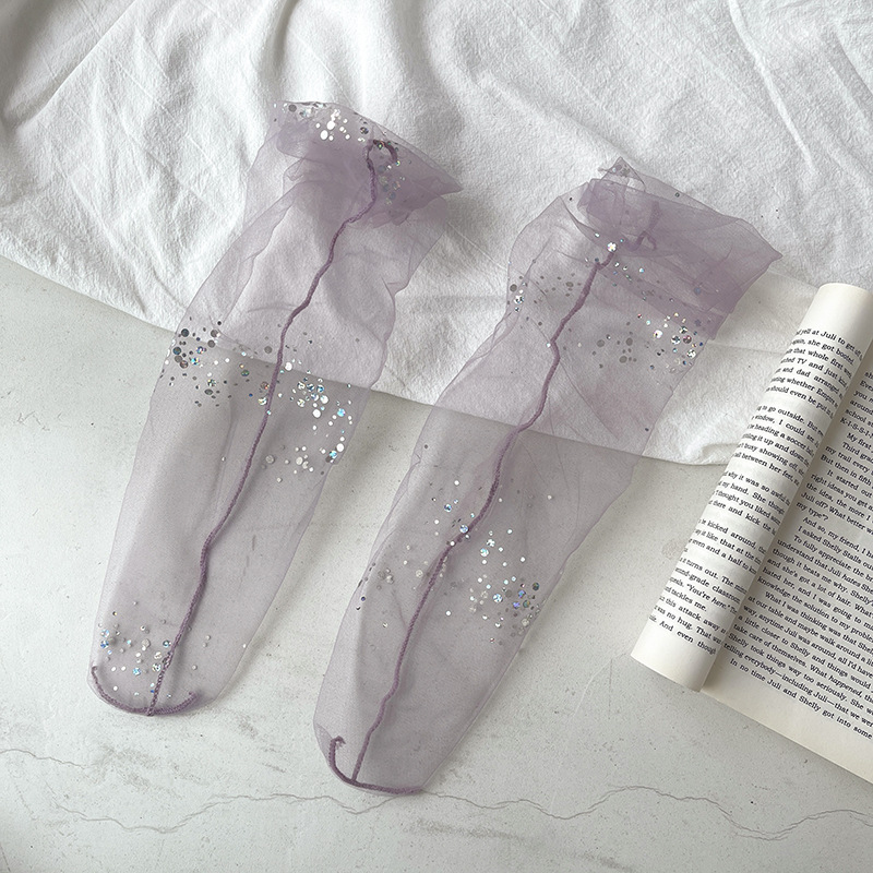 Fantasy Galaxy Shiny Mesh Transparent Ladies Socks – Purple, One size