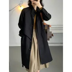Small Loose With Waist And Slim Mid-length Coat - Black - View 1