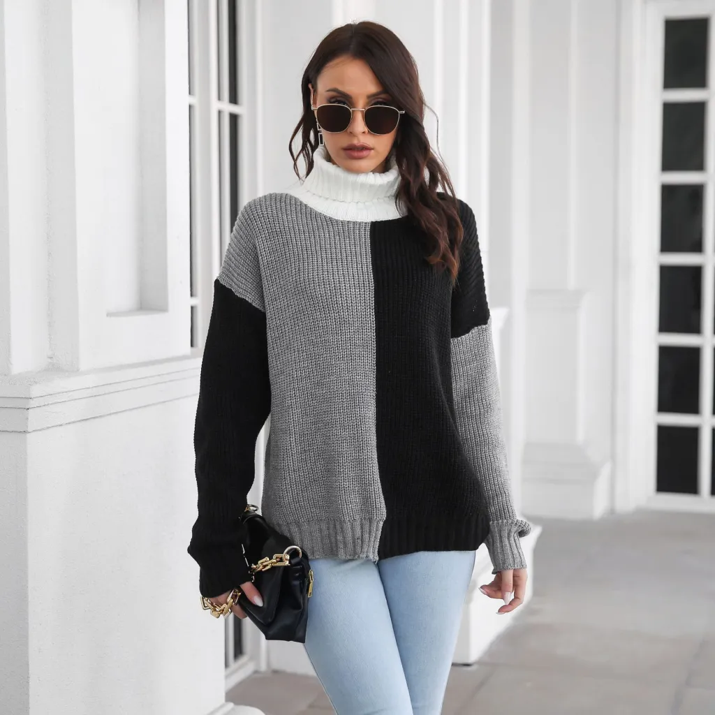High Neck Drop Shoulder Long Sleeve Knitted Sweater For Women - Colour Blocking
