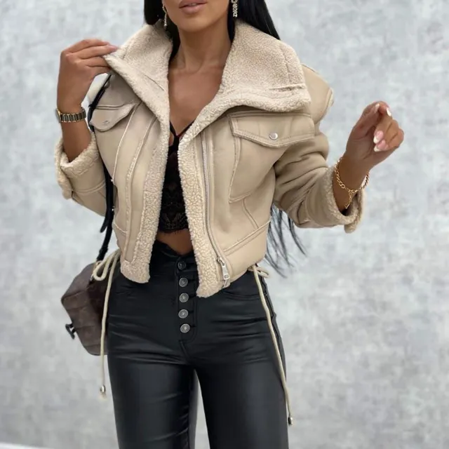 Women's Coat Zipper Motorcycle Jacket Top Beige - Shop at LoveMi