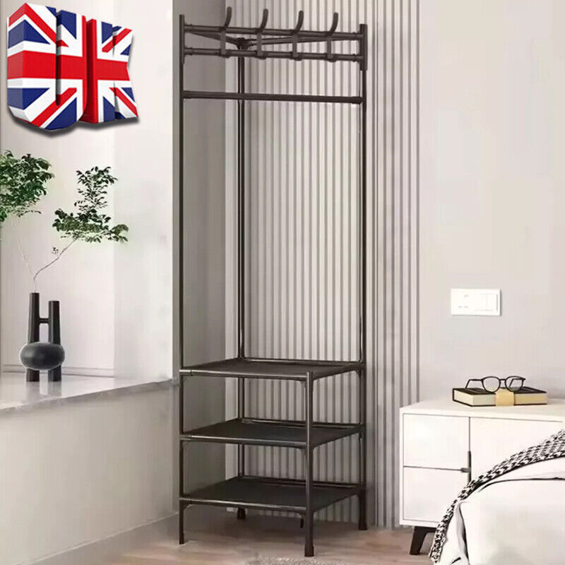 Corner Coat Stand Metal Clothes Hanging Rail Rack Shoe Rack Hanger With 3 Shelf