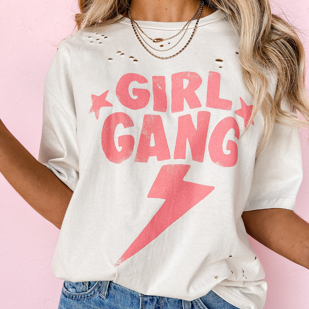 European And American Letters Printed Round Neck Short-sleeved Ripped Loose Casual T-shirt