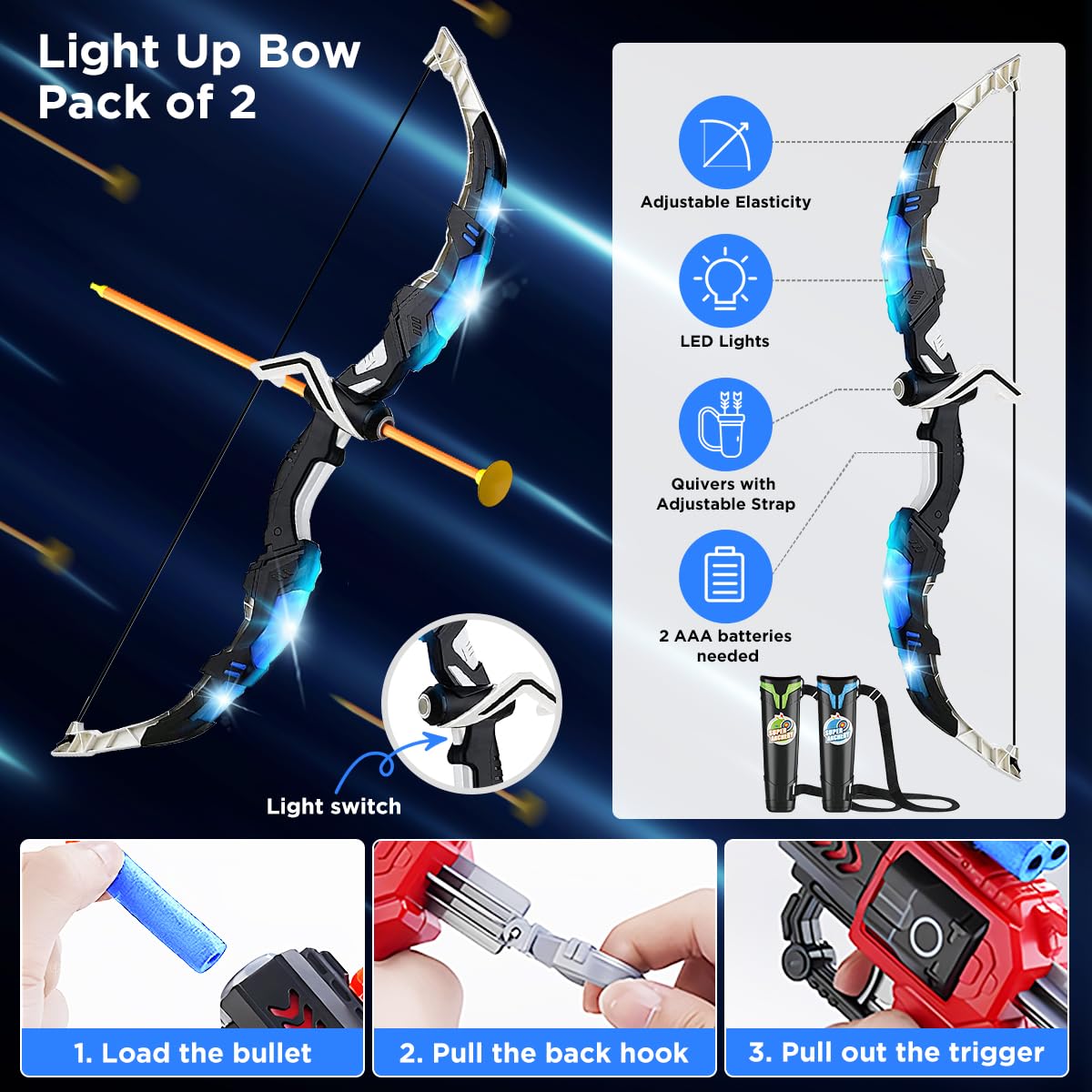 VATOS 2 Pack Bow And Arrow Toy With LED Light-4 In 1 Archery & Dart Game Set With 20 Suction Cup Arrows, Shark Glow Target & Dart Board - Indoor Outdoor Birthday Gift For Kids Boys Girls Ages 5-12