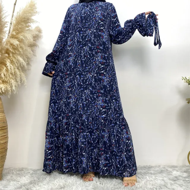 Printed Flare Sleeve Lining Fashion Chiffon Dress Blue - Shop at LoveMi
