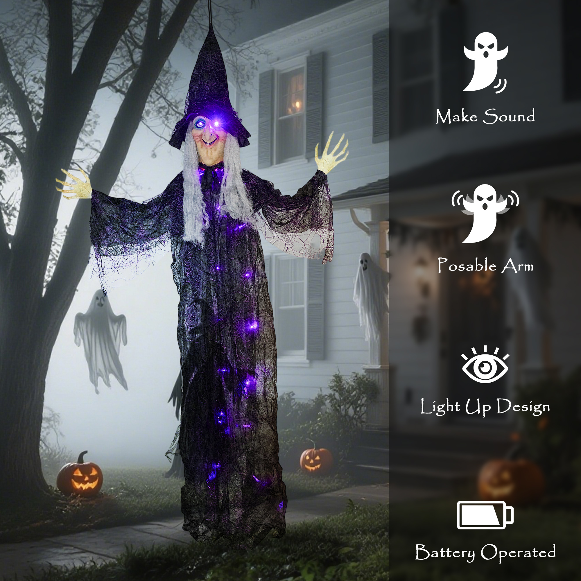 183 Cm Life Size Halloween Animated Hanging Witch With Glowing LED Eyes & Body, Spooky Witch Scary Halloween Decorations, Battery Operated, Indoor Party Props