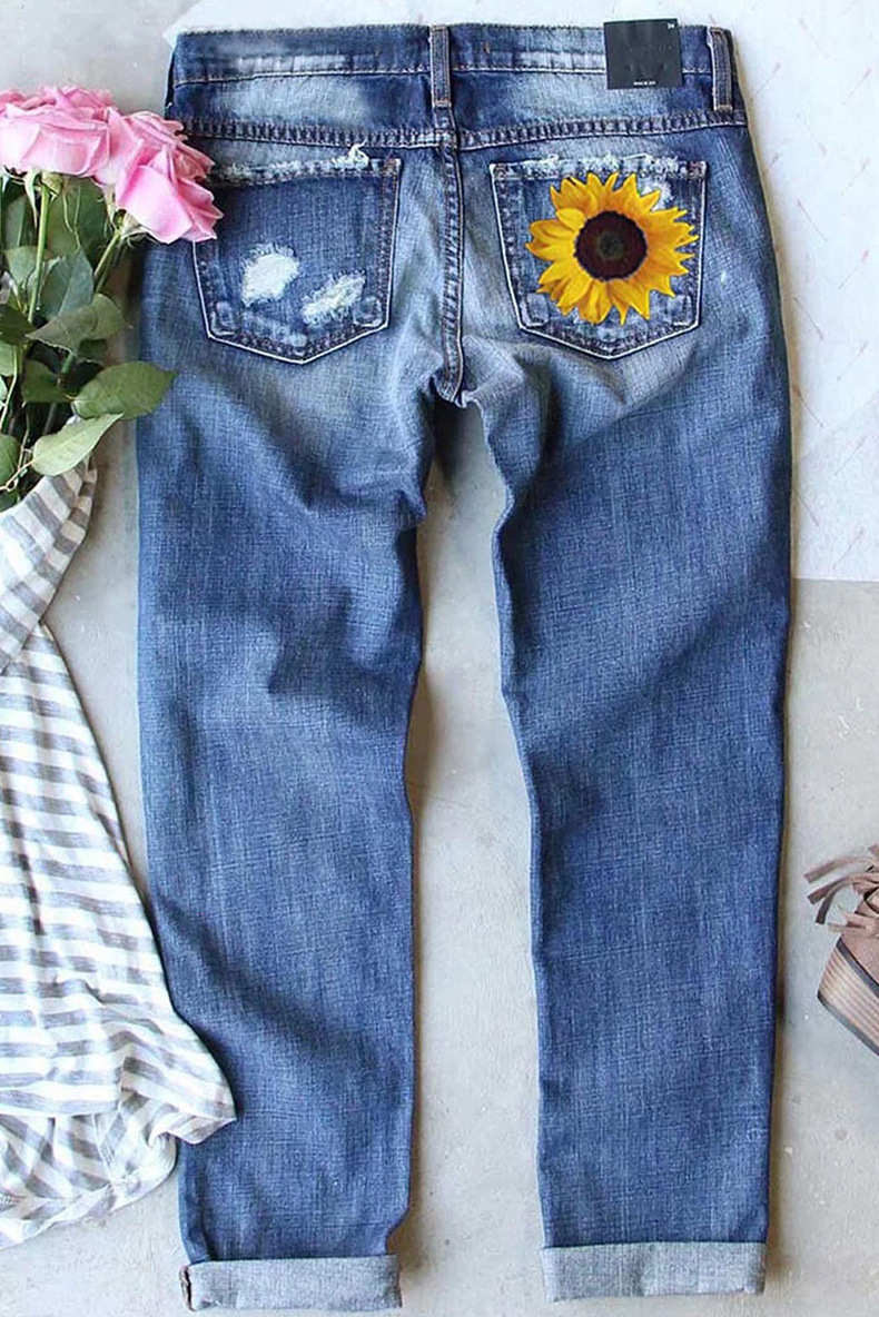 Woman's Middle In Ripped Printed Jeans