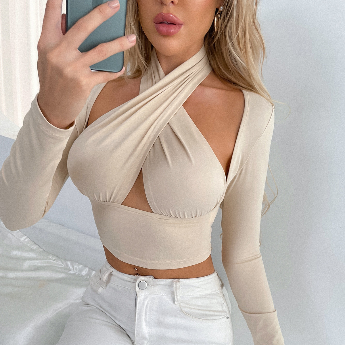 Sexy Cross-neck Hollow Bottoming Shirt Ladies Top