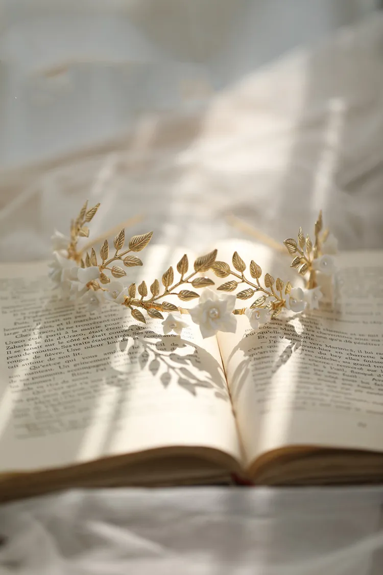 Hair Band Gold Leaf Silver Leaf White Flower Ceramic Hair Accessories - Gold