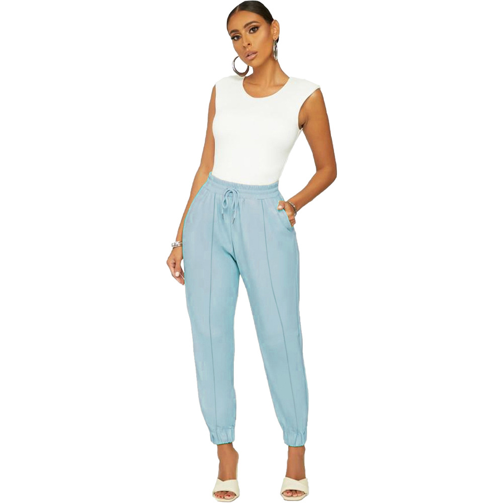 Solid Sexy PU Leather Casual Pants Blue - Shop at LoveMi