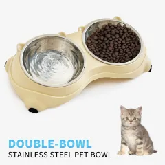 Double Stainless Steel Pet Bowl Set, Macaron Colors, Non-Slip Base And Easy To Clean For Cats And Dogs, Indoor And Outdoor Use - Yellow - View 1
