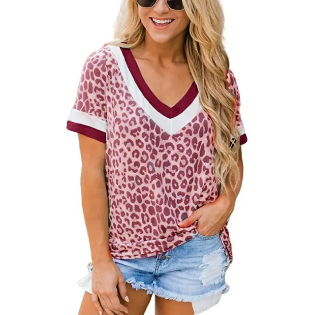 Stitching V neck Short sleeved Printed Leopard Print T shirt Women Red - Shop at LoveMi