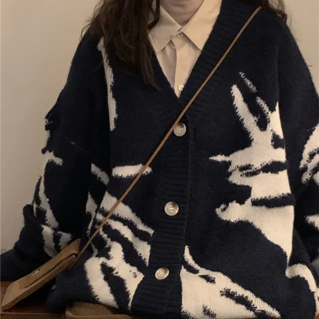 Winter Loose Fitting American Vintage Cardigan Sweater Jacket Navy Blue - Shop at LoveMi