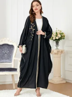 Muslim Women's Middle Eastern Long Sleeved Patchwork Bat Sleeved Dress - Black - View 1