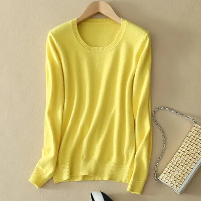 Cashmere Jumper Slim Fit Plus Size Solid Colour Round Neck Yellow - Shop at LoveMi