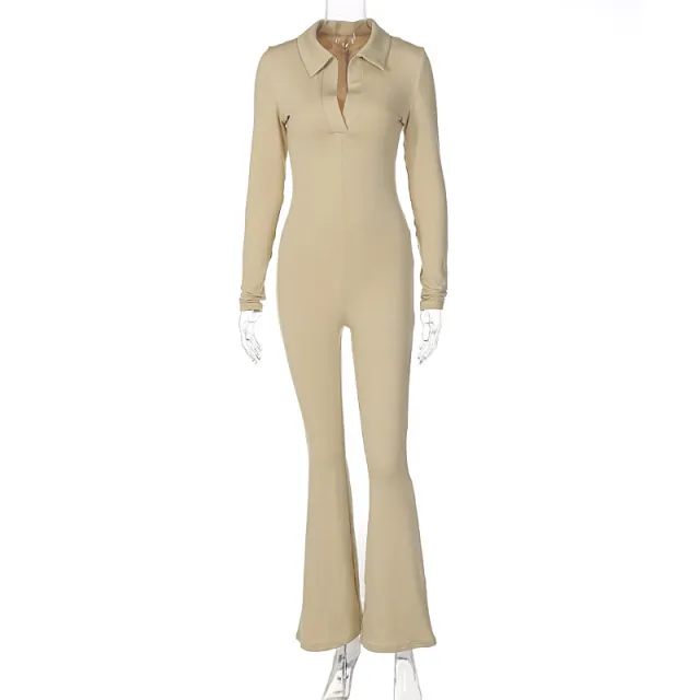 Lapel Long Sleeves Slimming Casual Wide leg Pants Jumpsuit Khaki - Shop at LoveMi