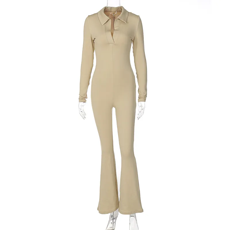 Lapel Long Sleeves Slimming Casual Wide-leg Pants Jumpsuit - Khaki