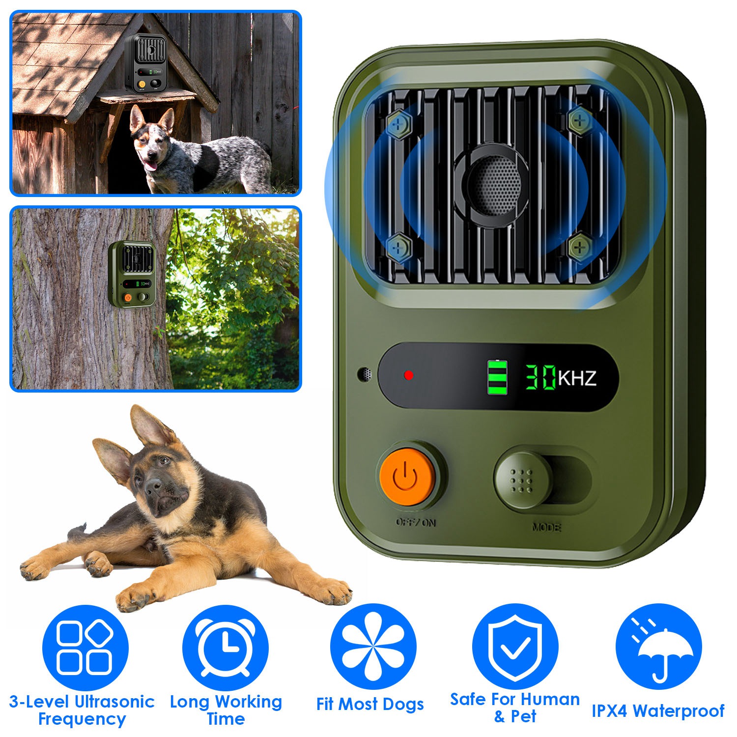 Black-Green Color Options -- 1Pc Ultrasonic Anti-Barking Device Rechargeable Auto Dog Bark Control Deterrent Box Training Device IPX4 Waterproof With 3 Frequency Max 32.8Feet Sensing Distance