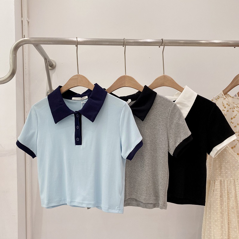 Top Solid Color Polo Shirt Lapel Short High-waist Short-sleeved T-shirt
