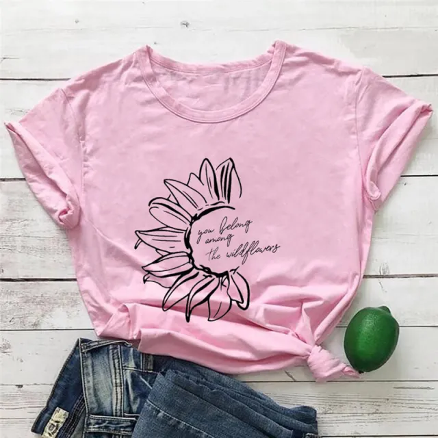 You Belong Among The Wildflower Crew Neck Short Sleeve Pink - Shop at LoveMi