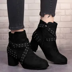 Large Size Thick Heel Ankle Boots Autumn And Winter Suede Belt Buckle High Heel - Black - View 1