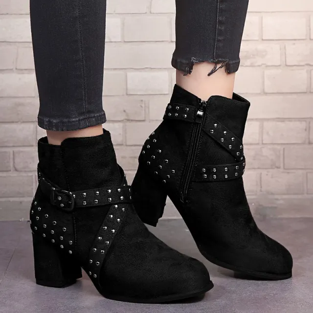 Large Size Thick Heel Ankle Boots Autumn And Winter Suede Belt Buckle High Heel Black - Shop at LoveMi