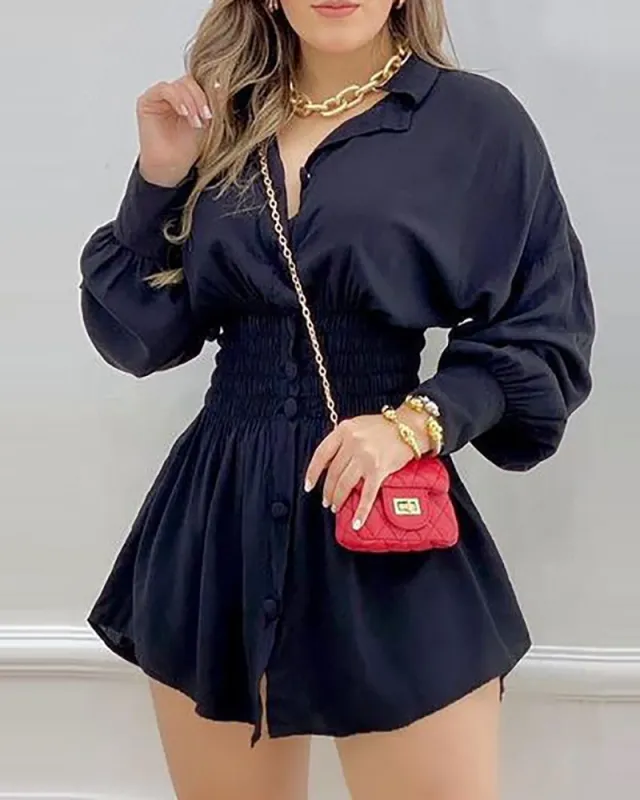 Autumn And Winter Fashion Printed Waist Shirt Folds Dark Blue - Shop at LoveMi