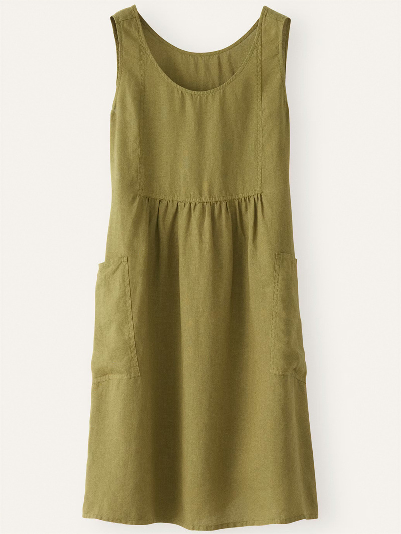 Round Neck Sleeveless Ruched Linen Cotton Blend Casual Dress With Pockets