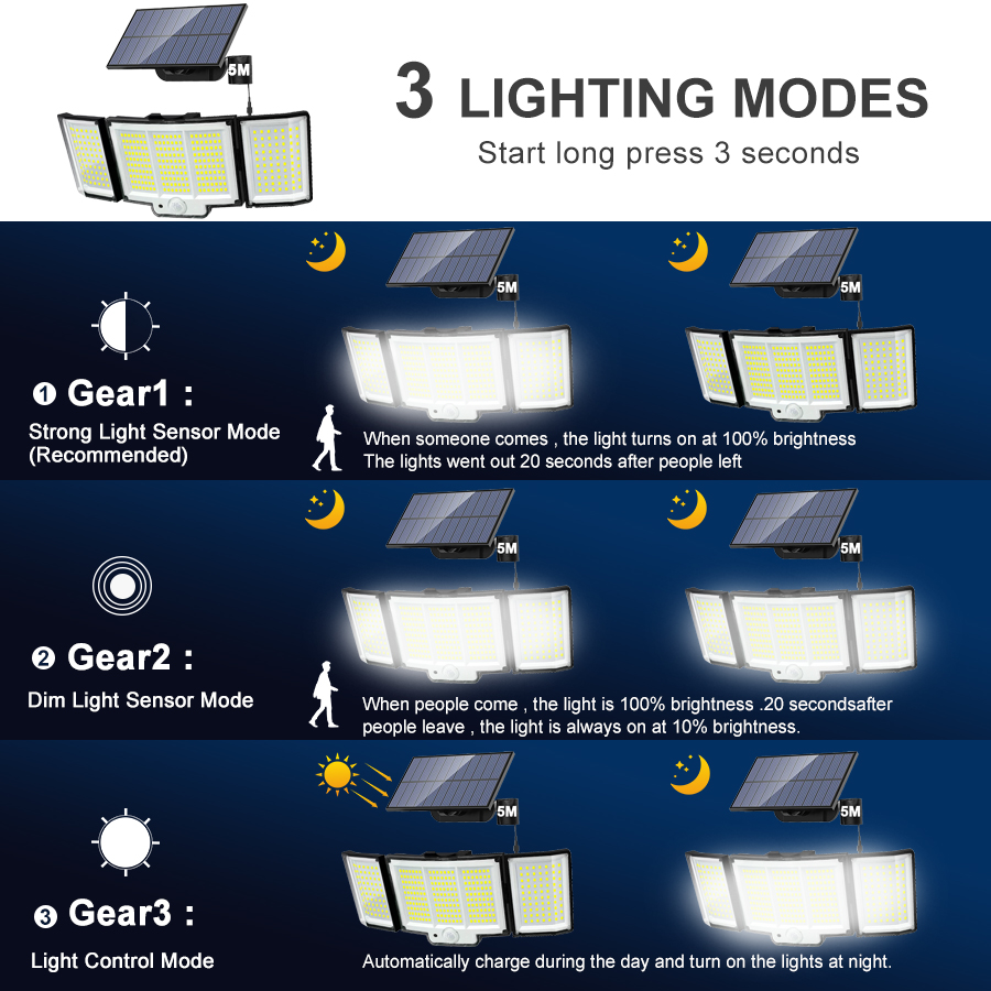 1,2 Pack Solar Lights Outdoor 348 LED Motion Sensor Lights With Remote Control  3 Head Waterproof — foto 8