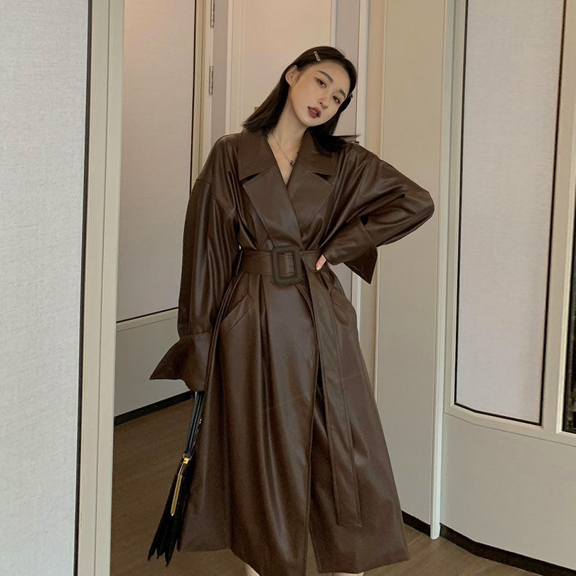 Women Large Lapel Waist Belted Jacket Dark Brown - Shop at LoveMi