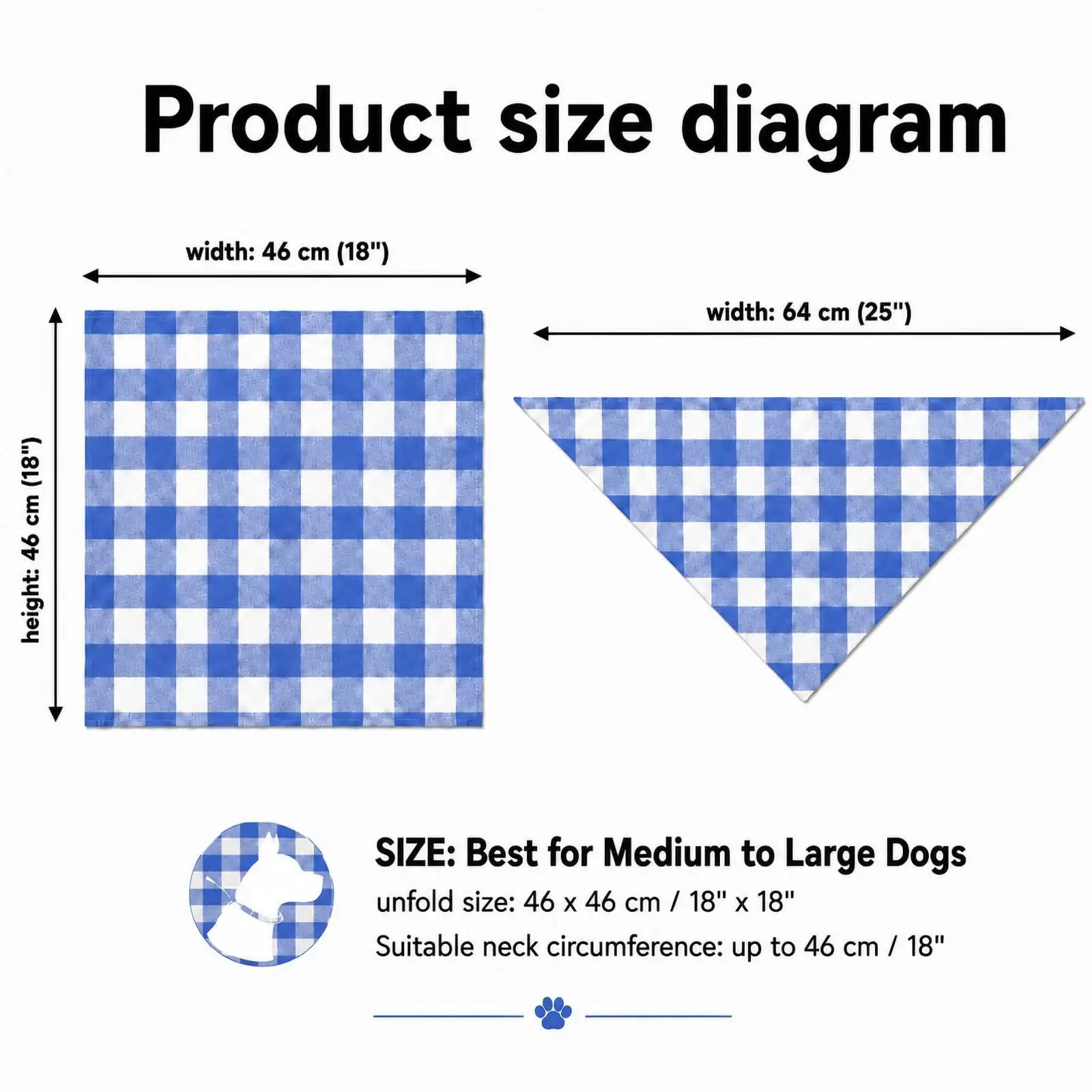 Blue & White Plaid Dog Bandana 1 Pack, Soft Cotton Blend Square Pet Scarf For Medium Dogs, Lightweight Breathable Kerchief, Fits Neck Up To 18 Inches