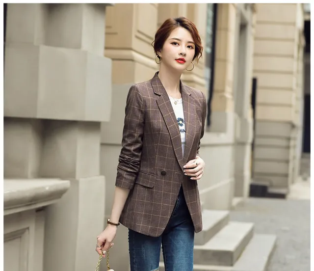 Coffee Plaid Suit Jacket Women Autumn Loose Little Man Coffee - Shop at LoveMi